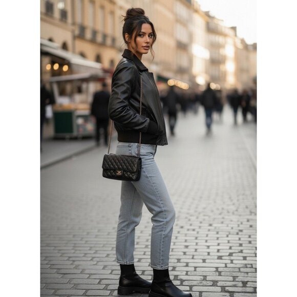 VINTAGE Y2K GAP Black Distressed Leather Bomber Jacket | Grunge Moto Streetwear - Picture 7 of 16